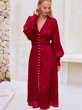 Red Midi Dress with Pearl Buttons